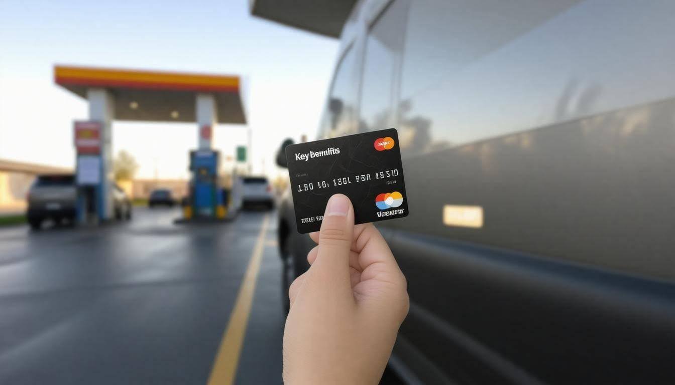 Fleet fuel card mobile app showing real-time data, reporting, purchase tracking, driver transactions, service locations, maintenance fees, discounts, rebates, rights notice, network of stations, U.S. law compliance, credit card accounts, and business fuel savings.